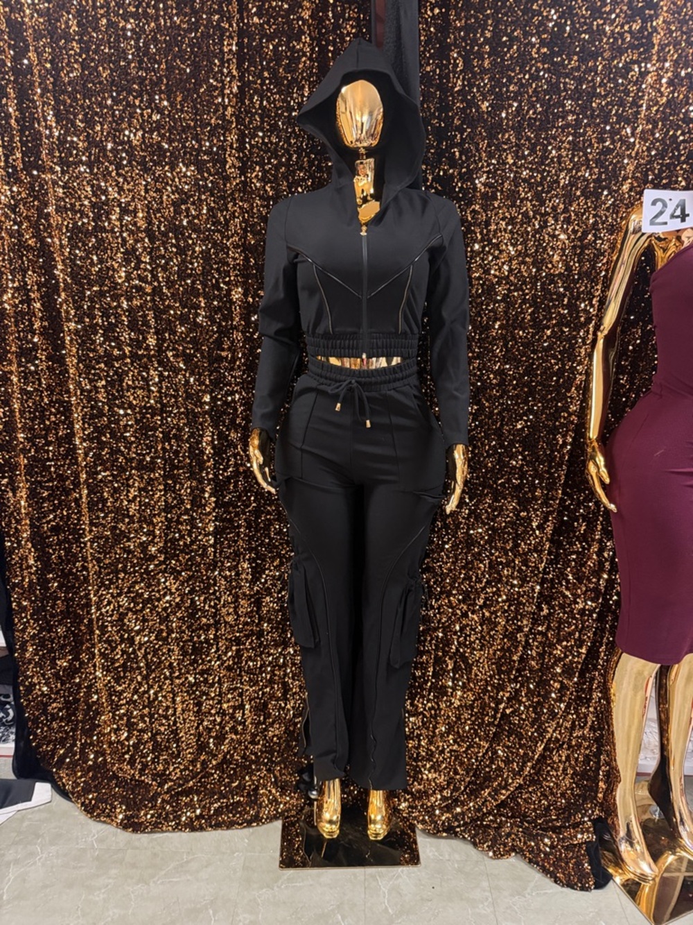 Black Hooded Cargo Track Jumpsuit with Zip Front